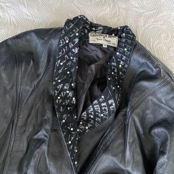VTG Giovinezza Moda BY Rocco D’Amelio BLACK LEATHER 80s Jacket Rhinestone Xs - Picture 9 of 9